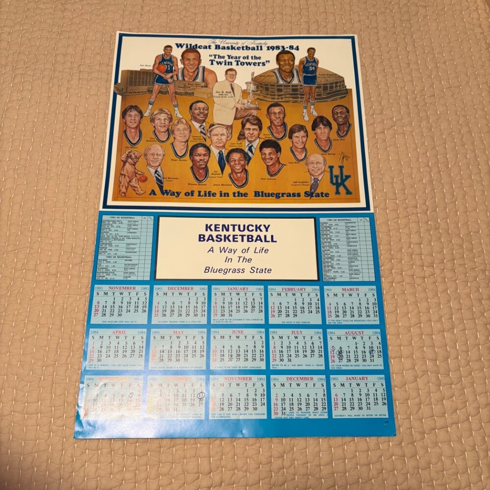 Vintage Kentucky Wildcats 83-84 Basketball Schedule Calendar Poster Twin Towers